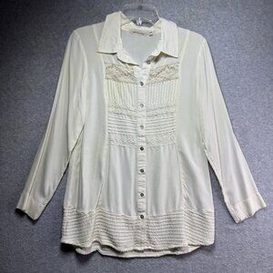Soft Surroundings Blouse Small Long Sleeve Tunic Cream Ivory Button Up Lace